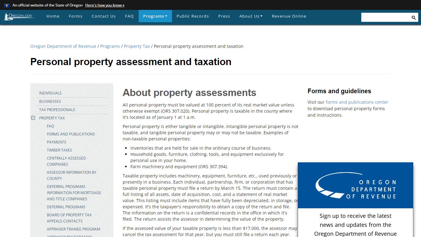 State of Oregon: Property Tax - Personal property assessment and taxation